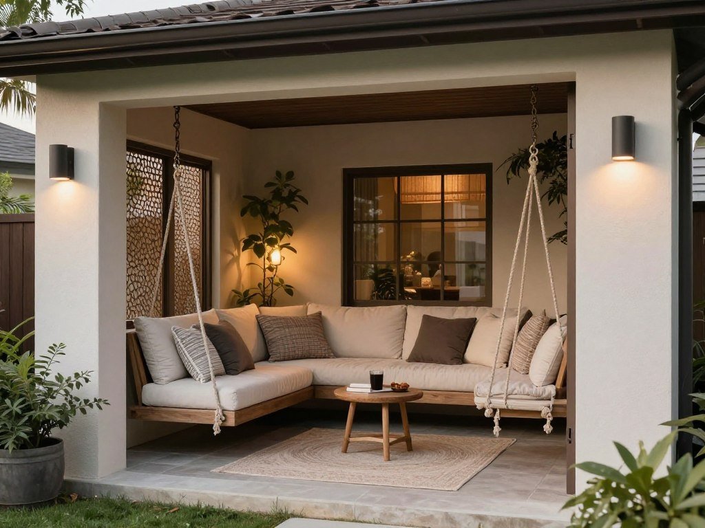 Cozy reading nook in corner of covered patio
