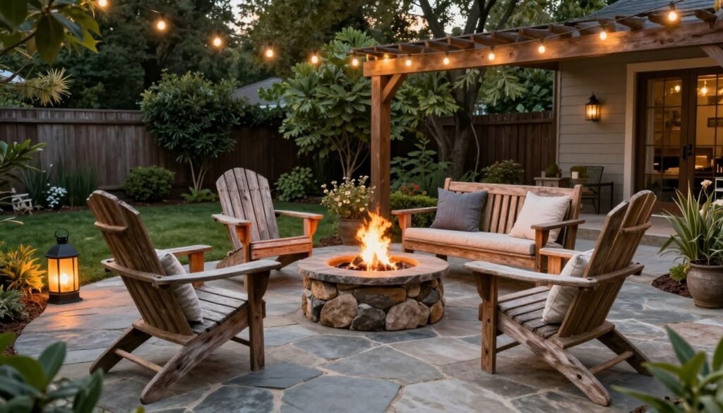 Cozy rustic backyard patio with stone pavers, wooden furniture, and a central fire pit surrounded by comfortable seating and ambient lighting