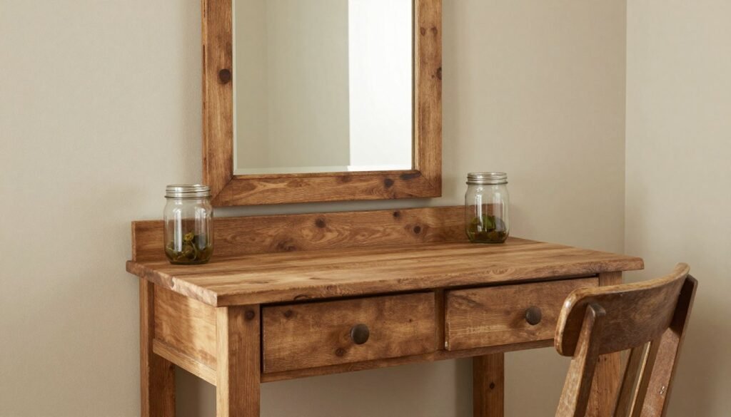 Cozy rustic farmhouse vanity with weathered wood, simple lines, and natural elements