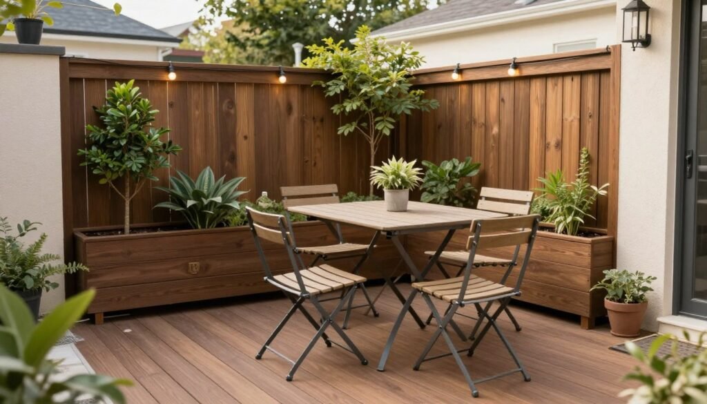 Cozy small backyard deck with space-saving furniture and vertical garden elements