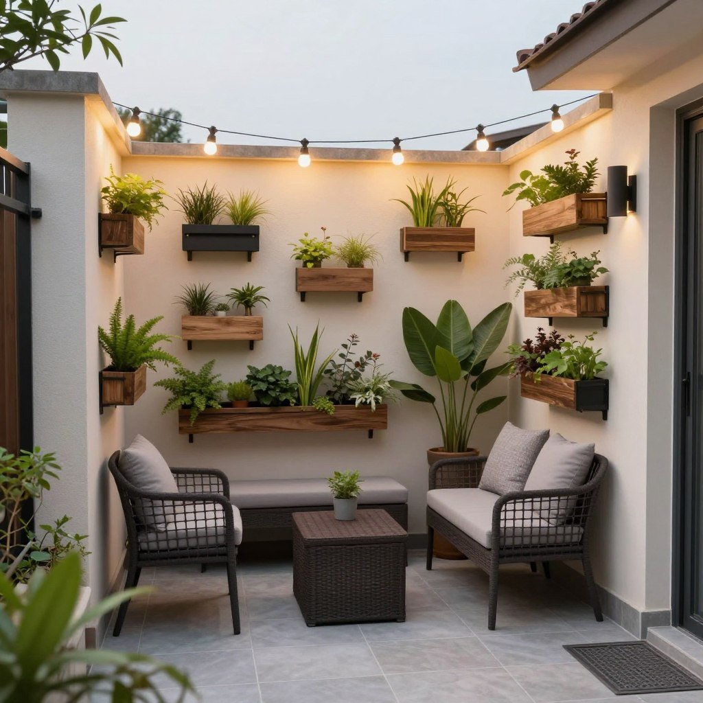 Cozy small space patio with vertical gardens and string lights