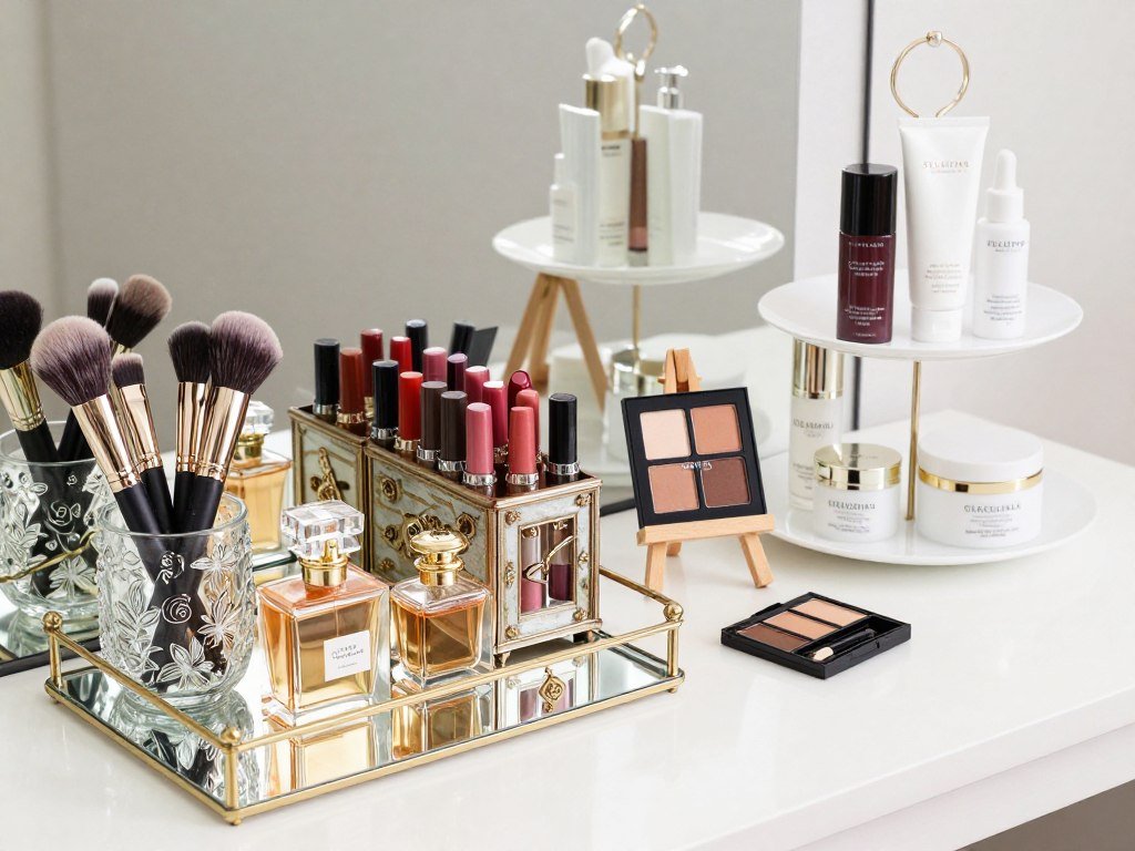 Creative makeup and beauty product display using decorative containers and stands Creative makeup and beauty product display using decorative containers and stands