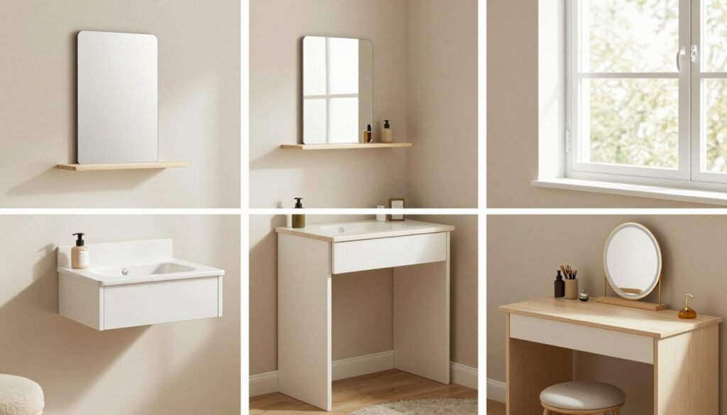 Creative small-space vanity solutions including floating shelves, corner setups, and multi-functional furniture