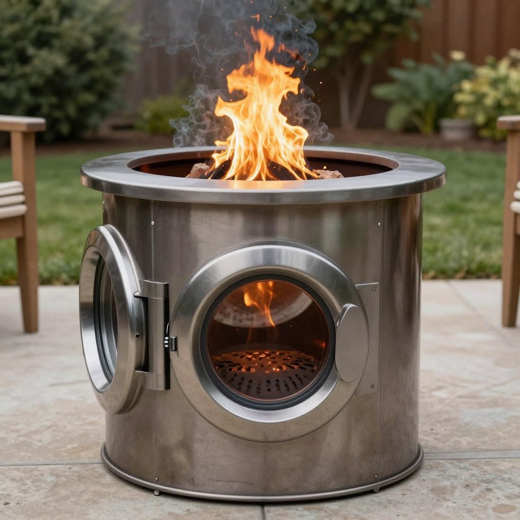 Creative upcycled fire pit made from a repurposed washing machine drum with flames visible inside