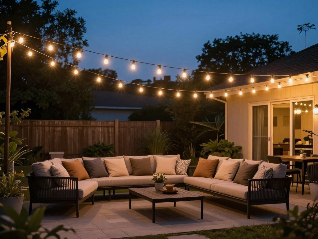 Crisscrossing string lights over a cozy backyard seating area with plush outdoor furniture