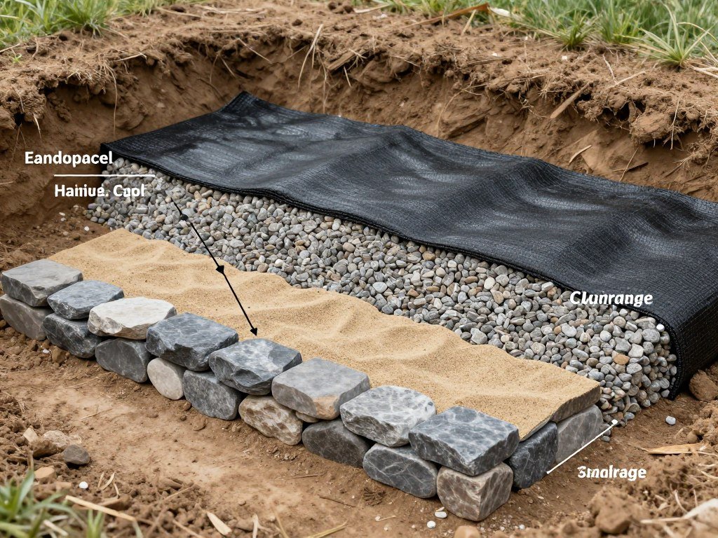 Cross-section view of fire pit base layers showing gravel, sand, and first course of stones