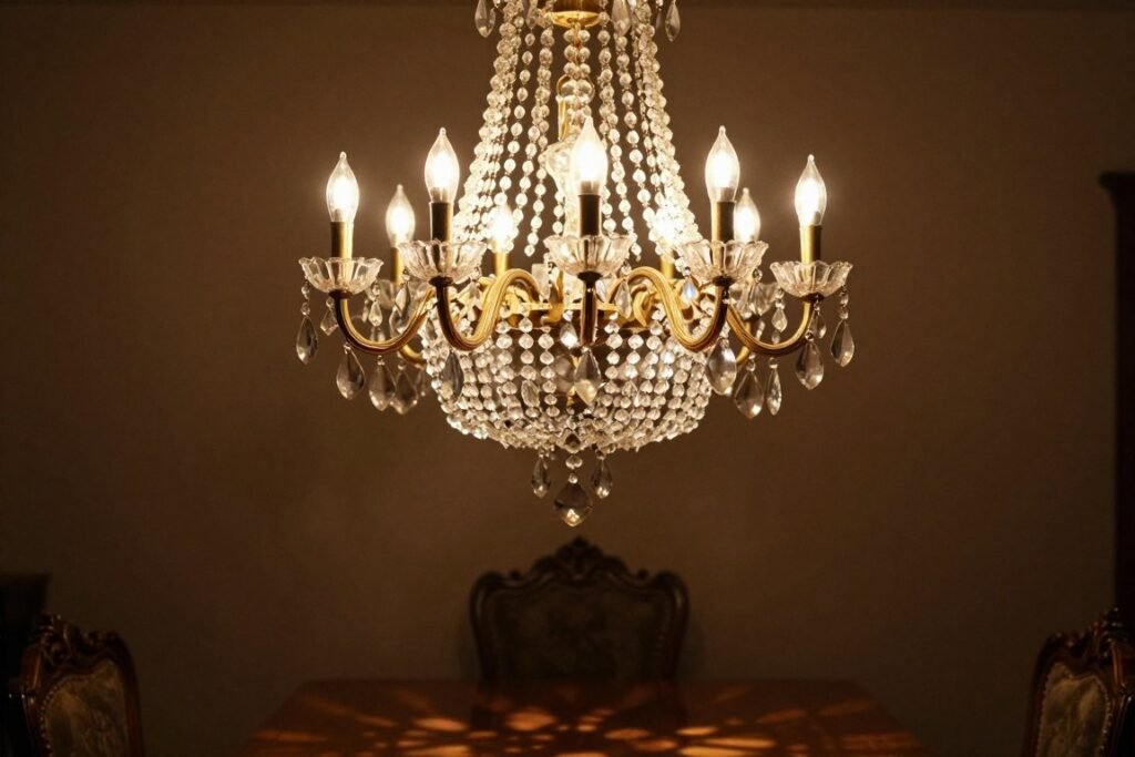 Crystal chandelier casting warm light over a vintage dining table