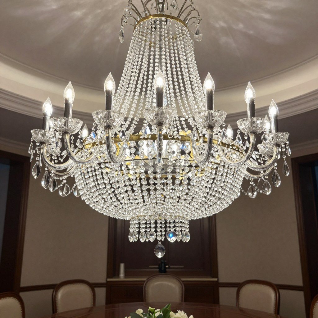 Crystal chandelier in formal dining room setting