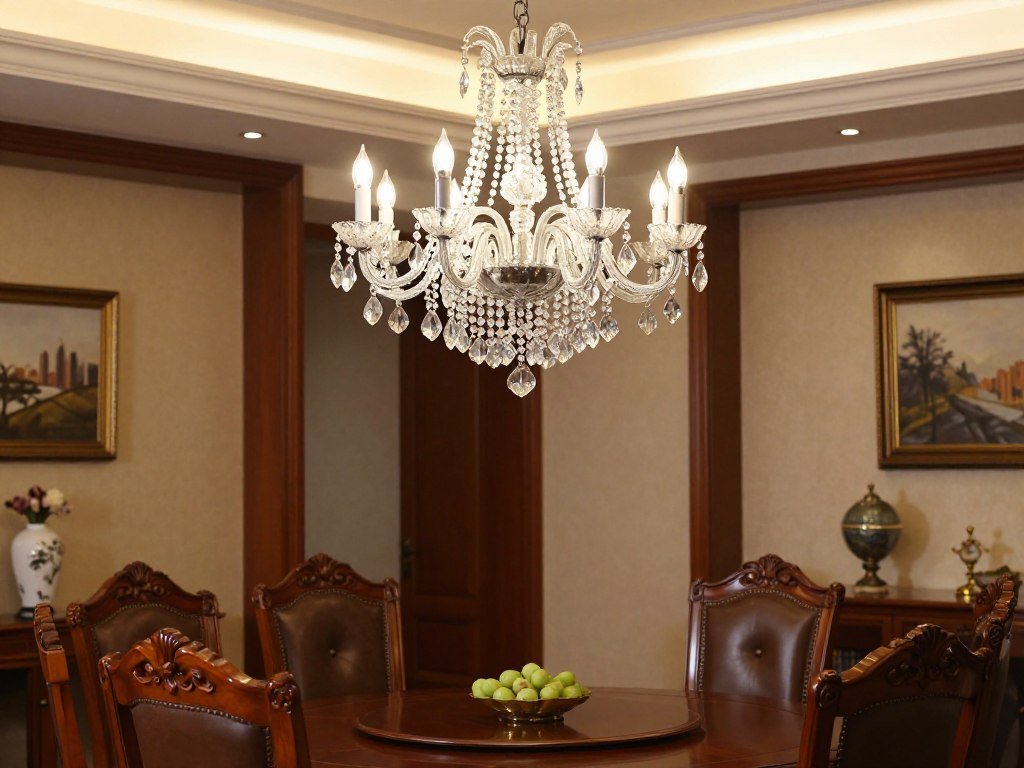Crystal chandelier with candle-style lights hanging over a formal dining table in a traditional setting