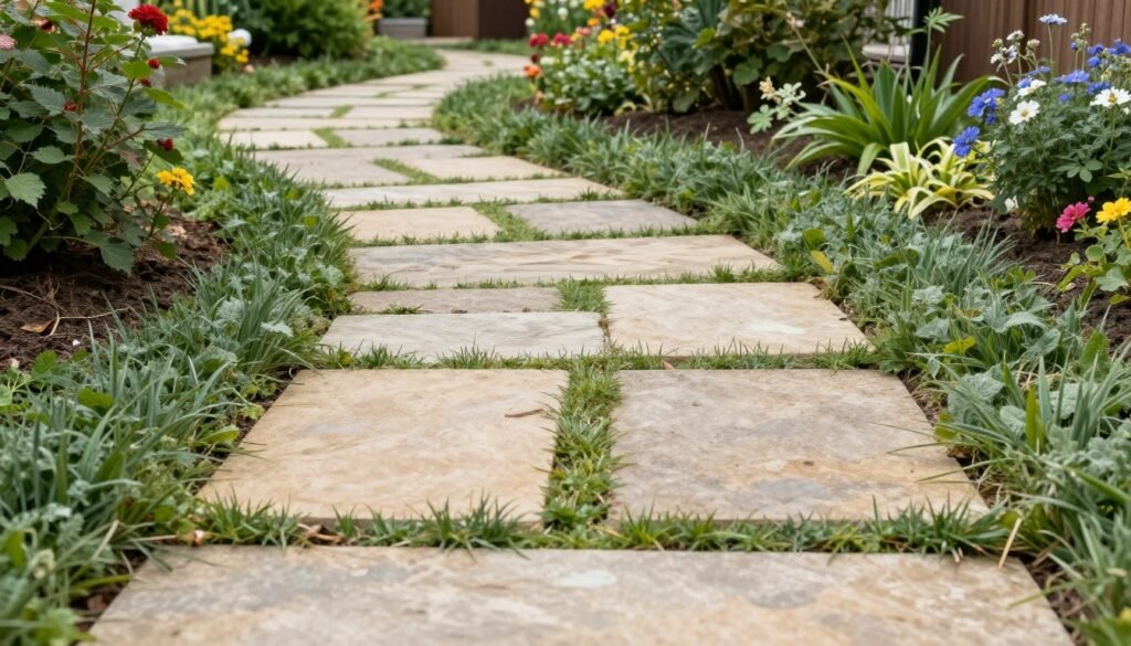 Curved garden pathway with stepping stones and ground cover plants Curved garden pathway with stepping stones and ground cover plants
