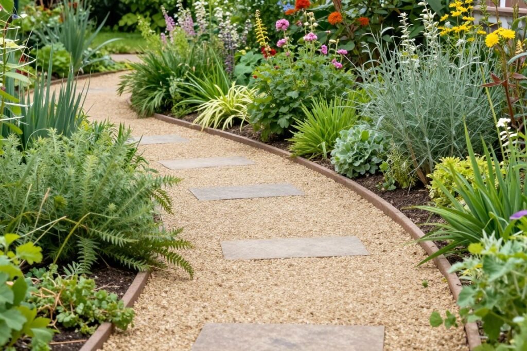 Curved pathway through a cottage garden with mixed plantings and natural stone edging
