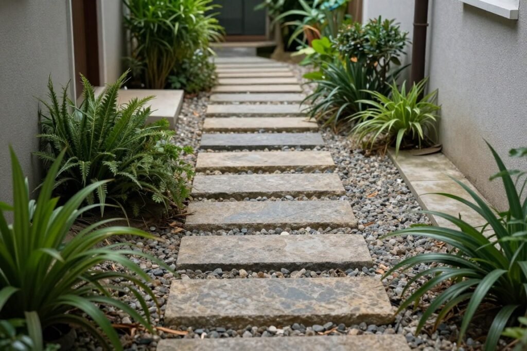 Curved stepping stone pathway in a narrow side yard with plants on both sides Curved stepping stone pathway in a narrow side yard with plants on both sides