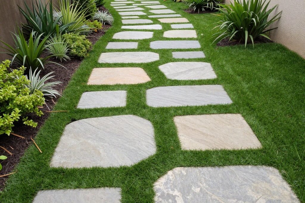 Curved stepping stone pathway through artificial turf in a backyard garden