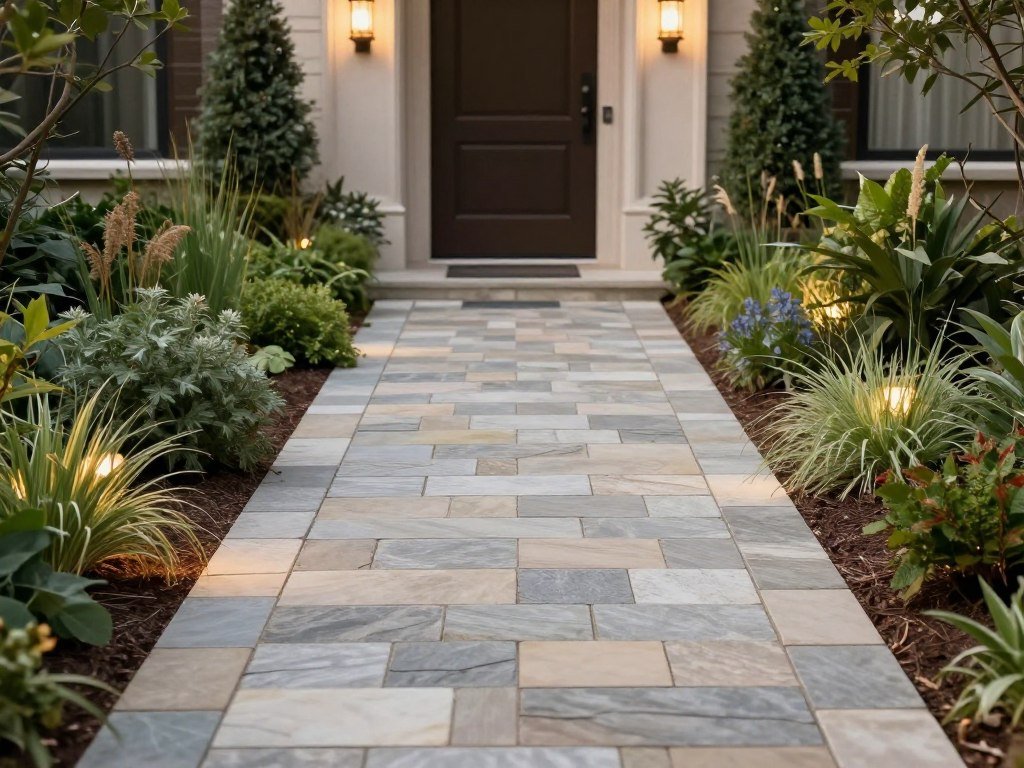 Curved stone pathway leading to front door with border plantings and lighting Curved stone pathway leading to front door with border plantings and lighting