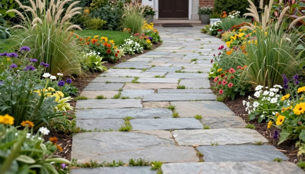 Curved stone pathway through a front garden with plants spilling over the edges