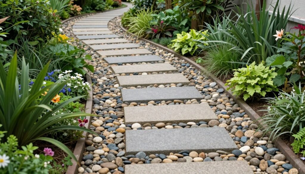 Curved stone pathway with river rock borders through a garden Curved stone pathway with river rock borders through a garden