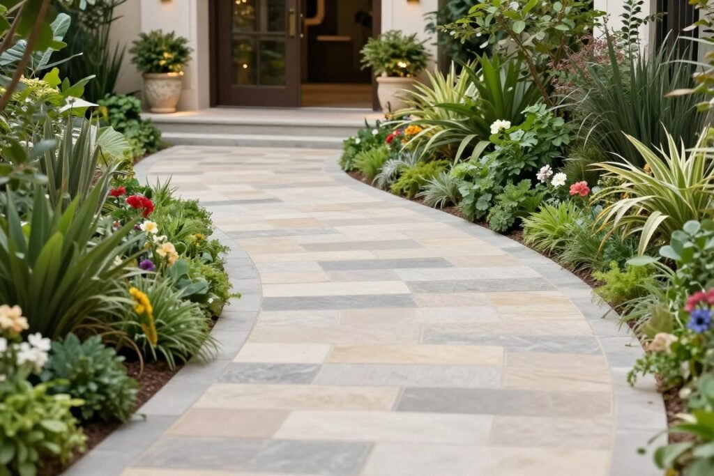 Curved stone walkway with border plants leading to a welcoming front entrance with potted plants and decorative elements