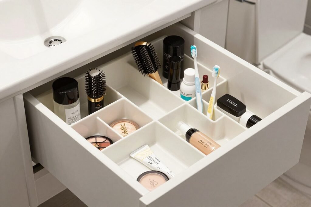 Custom bathroom vanity drawer organizers with sections for makeup, hair tools, and toiletries