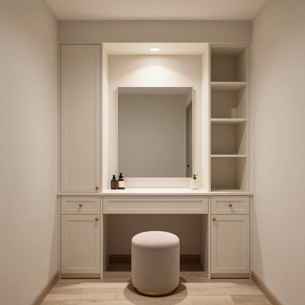 Custom built-in vanity nook with elegant lighting and storage
