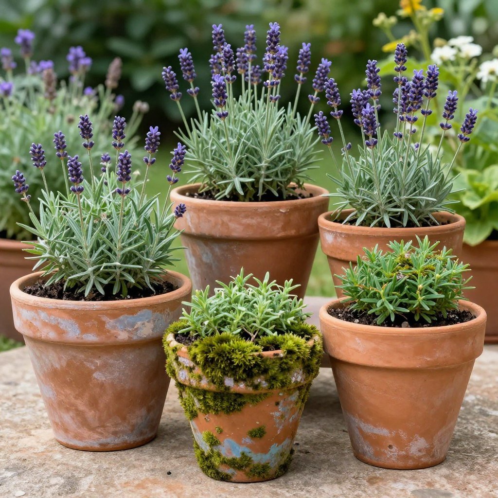 DIY aged terracotta pots with lavender plants for French country garden