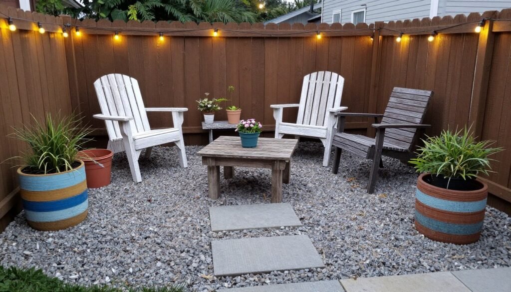 DIY backyard patio with gravel base, repurposed furniture, and creative lighting solutions