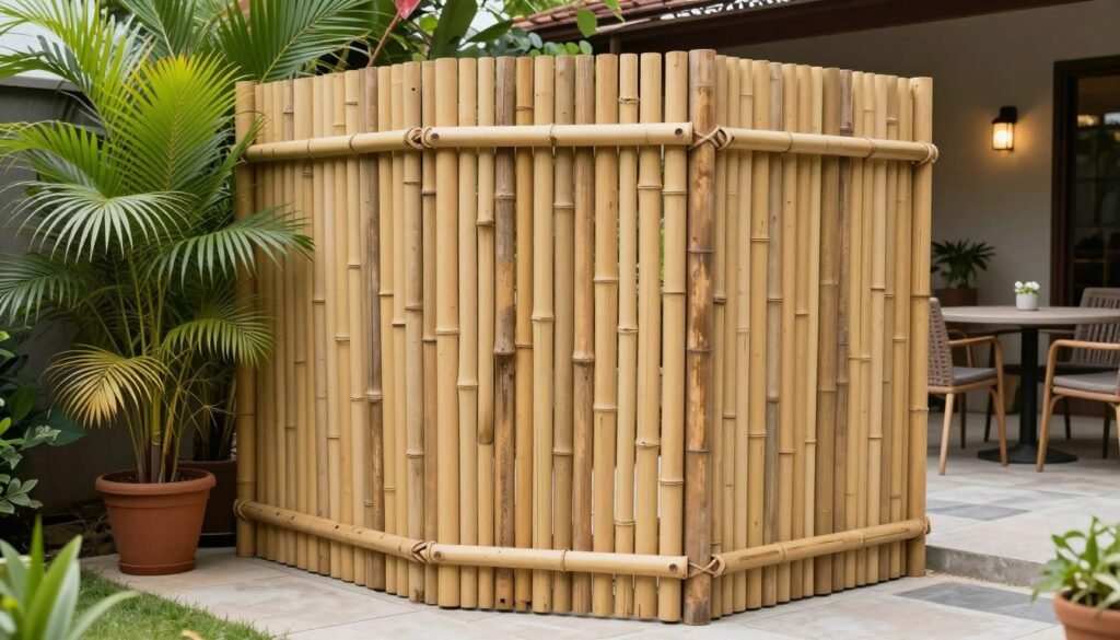 DIY bamboo privacy screen creating a secluded corner in a backyard