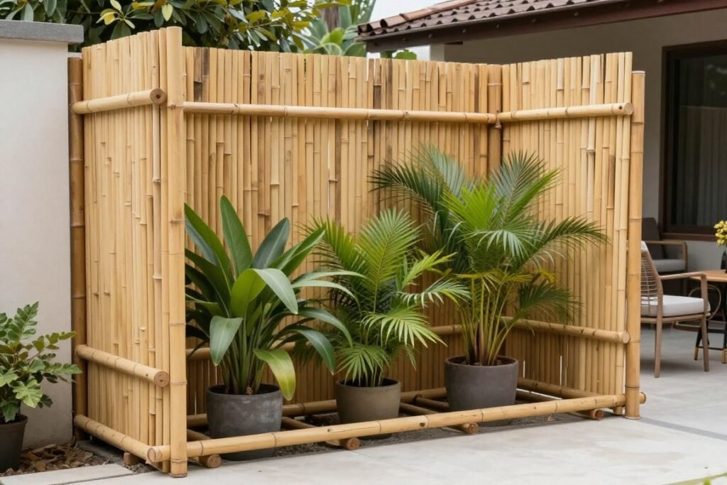 DIY bamboo privacy screen with potted plants creating a secluded patio corner DIY bamboo privacy screen with potted plants creating a secluded patio corner