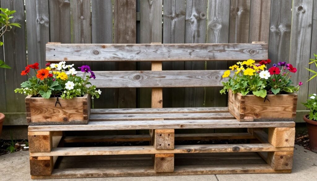 DIY bench with built-in planters made from pallet wood