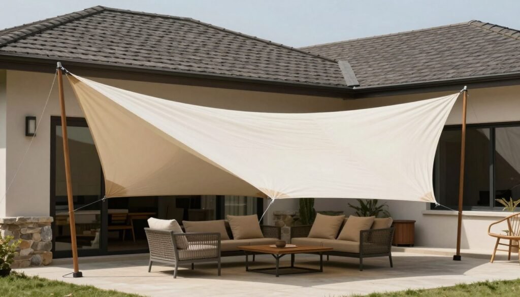 DIY canvas drop cloth canopy providing shade over a patio seating area DIY canvas drop cloth canopy providing shade over a patio seating area