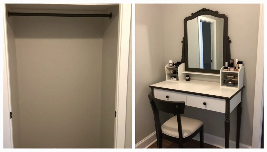 DIY closet vanity transformation showing before and after photos of a closet corner converted into a stylish vanity area