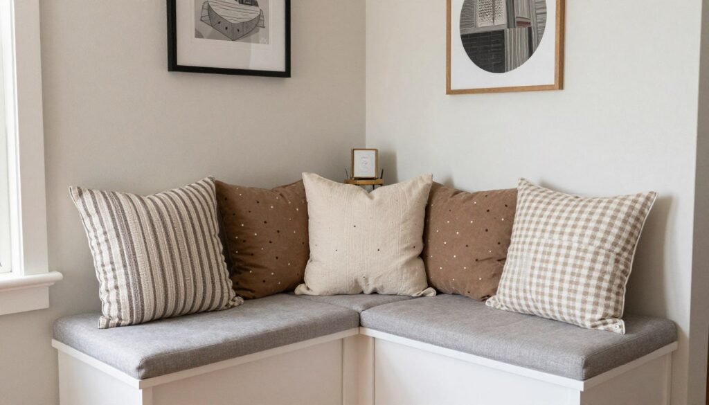 DIY corner dining nook with handmade cushions and personal touches
