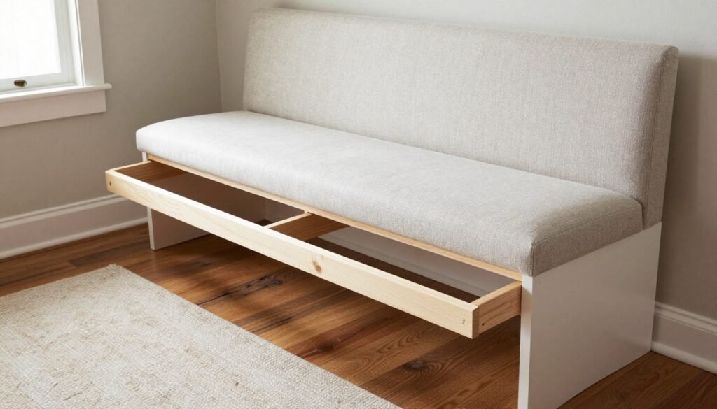 DIY dining banquette bench project in progress showing construction steps