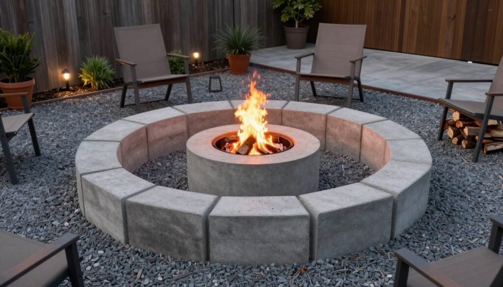 DIY fire pit made from concrete blocks surrounded by simple outdoor chairs on a gravel patio area