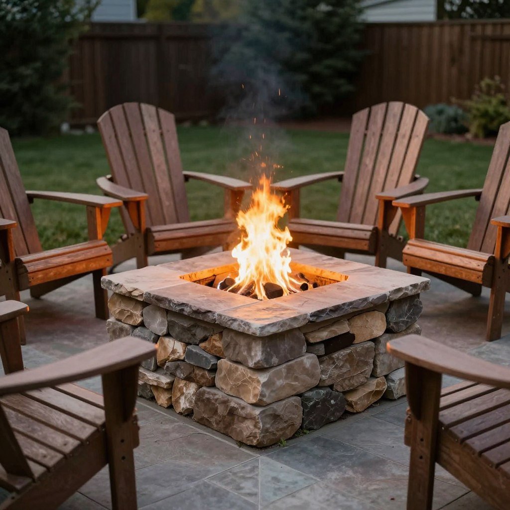 DIY fire pit made from stacked stone blocks with chairs around it
