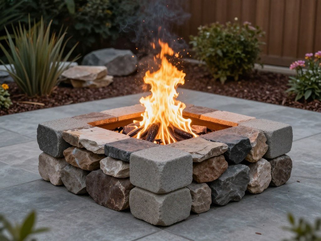 DIY fire pit made with inexpensive stones as a cheap landscaping idea