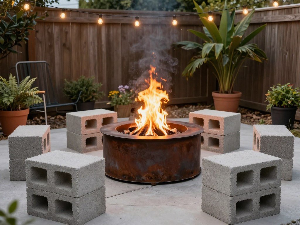 DIY fire pit on a budget patio with simple seating around it DIY fire pit on a budget patio with simple seating around it