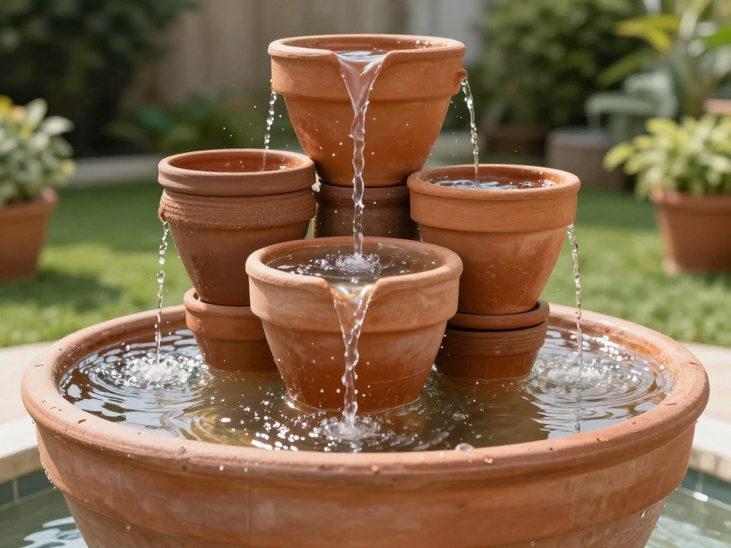 DIY fountain made from stacked terracotta pots with water flowing