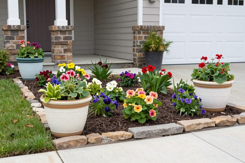 DIY front yard landscaping with painted planters, divided perennials, and simple stone edging
