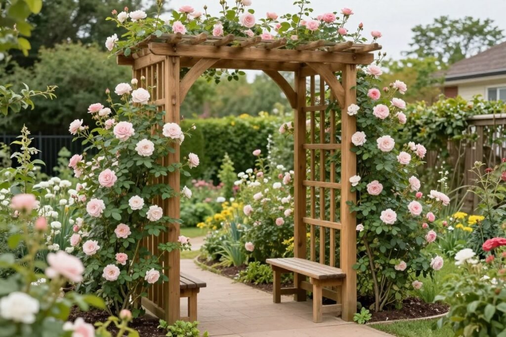 DIY garden arbor with climbing roses and seating area underneath