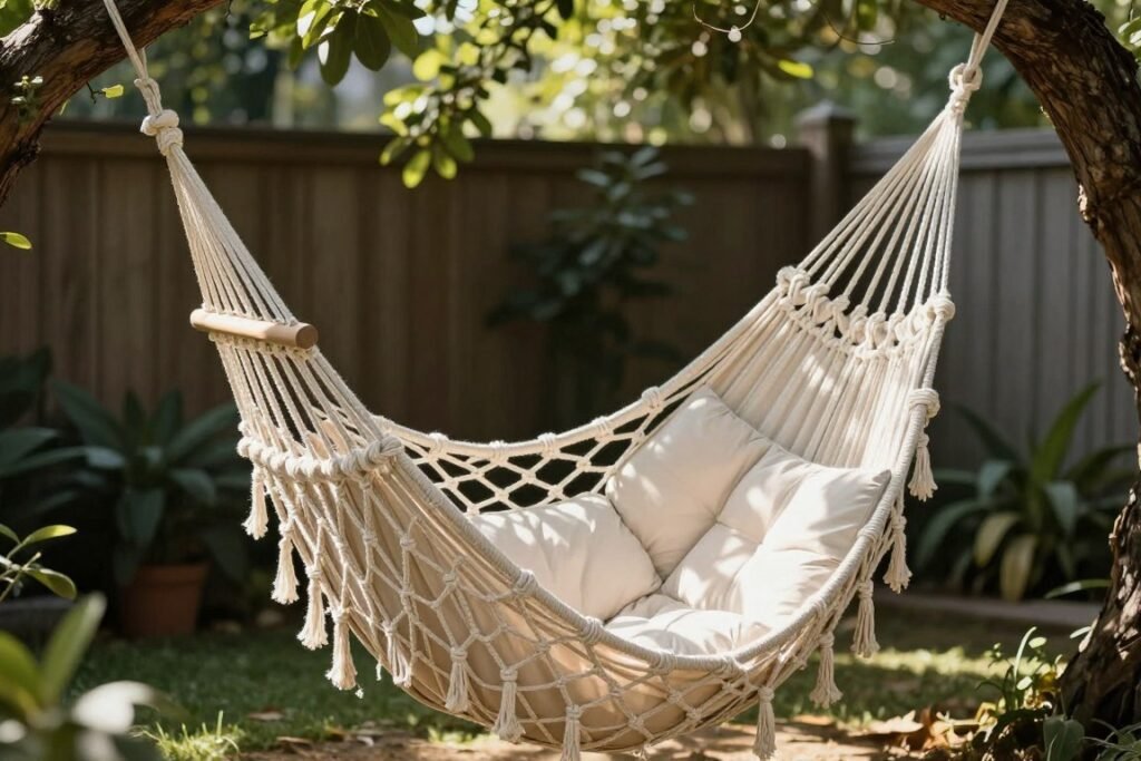 DIY hanging rope hammock chair suspended from a tree branch in a backyard