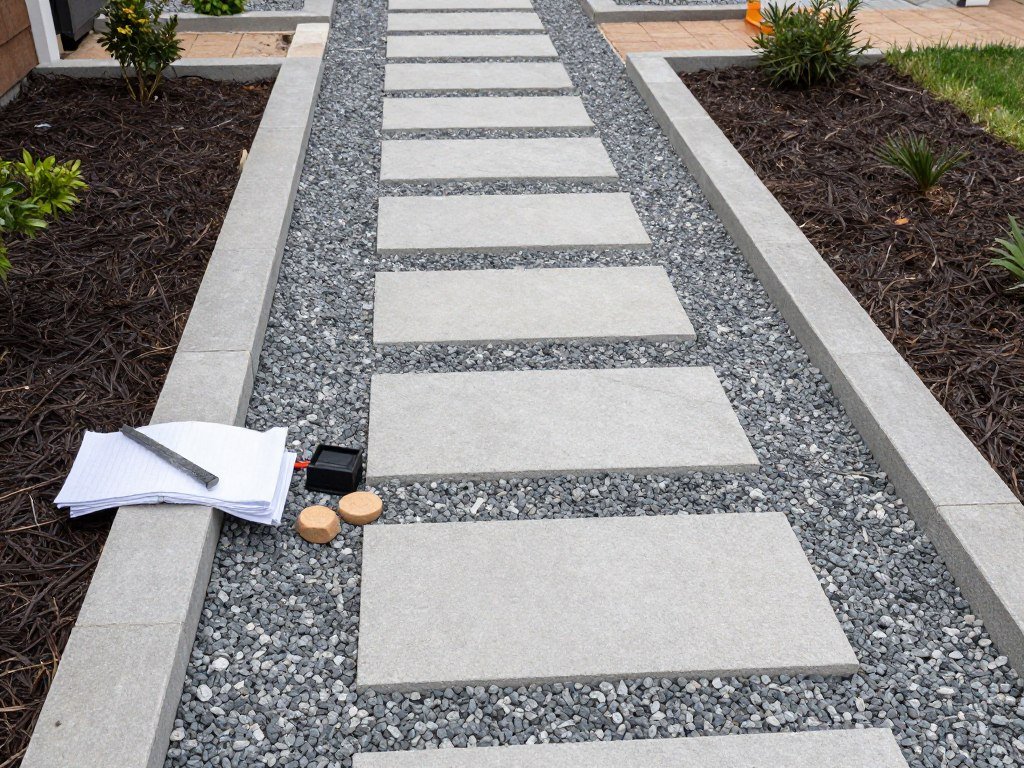 DIY hardscaping project showing installation of a simple stone pathway and garden edging