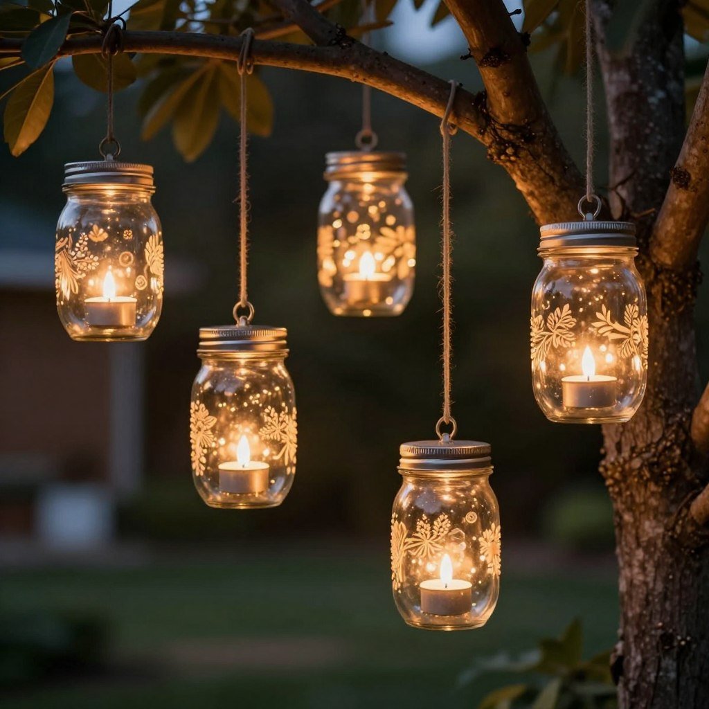 DIY mason jar lanterns hanging from a tree branch