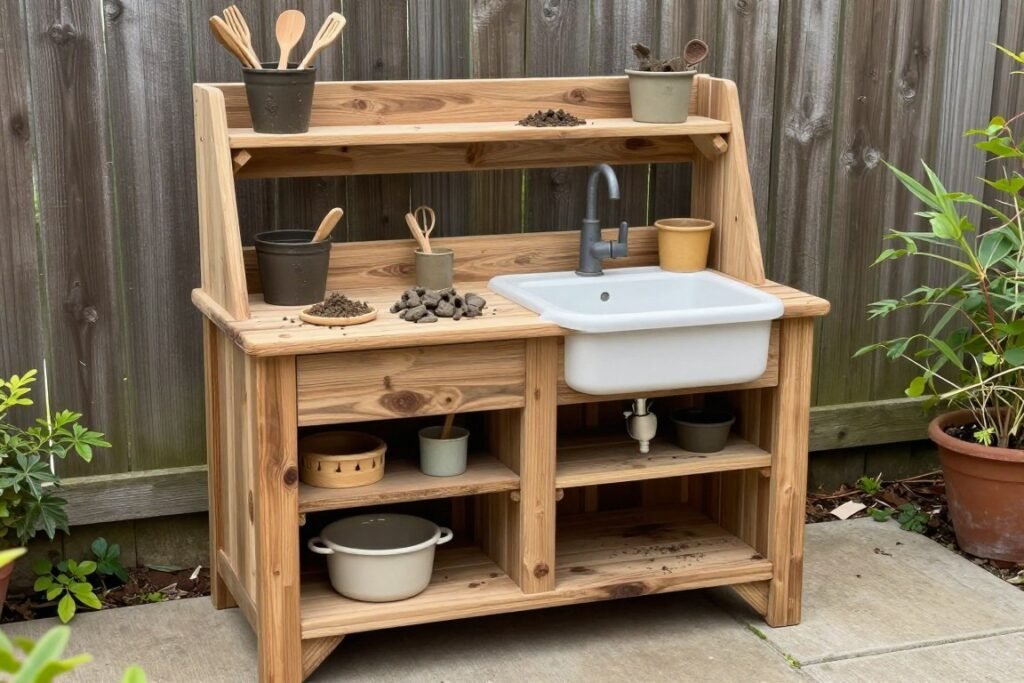 DIY mud kitchen in a backyard play area for kids with natural materials