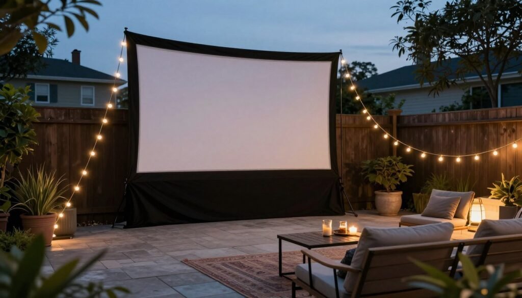 DIY outdoor movie screen setup on a back patio with simple seating DIY outdoor movie screen setup on a back patio with simple seating