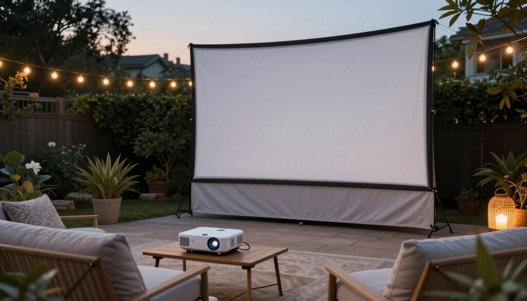 DIY outdoor movie screen with projector and seating area