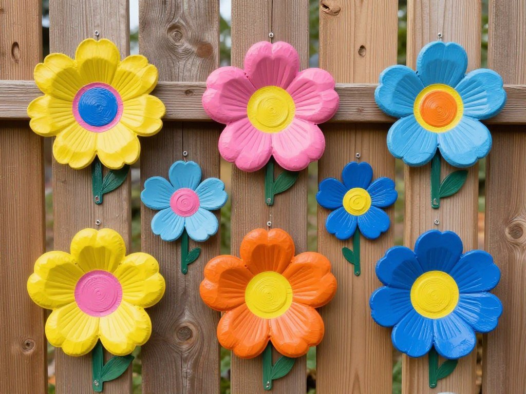 DIY painted fence flowers made from repurposed plastic trays in bright colors DIY painted fence flowers made from repurposed plastic trays in bright colors
