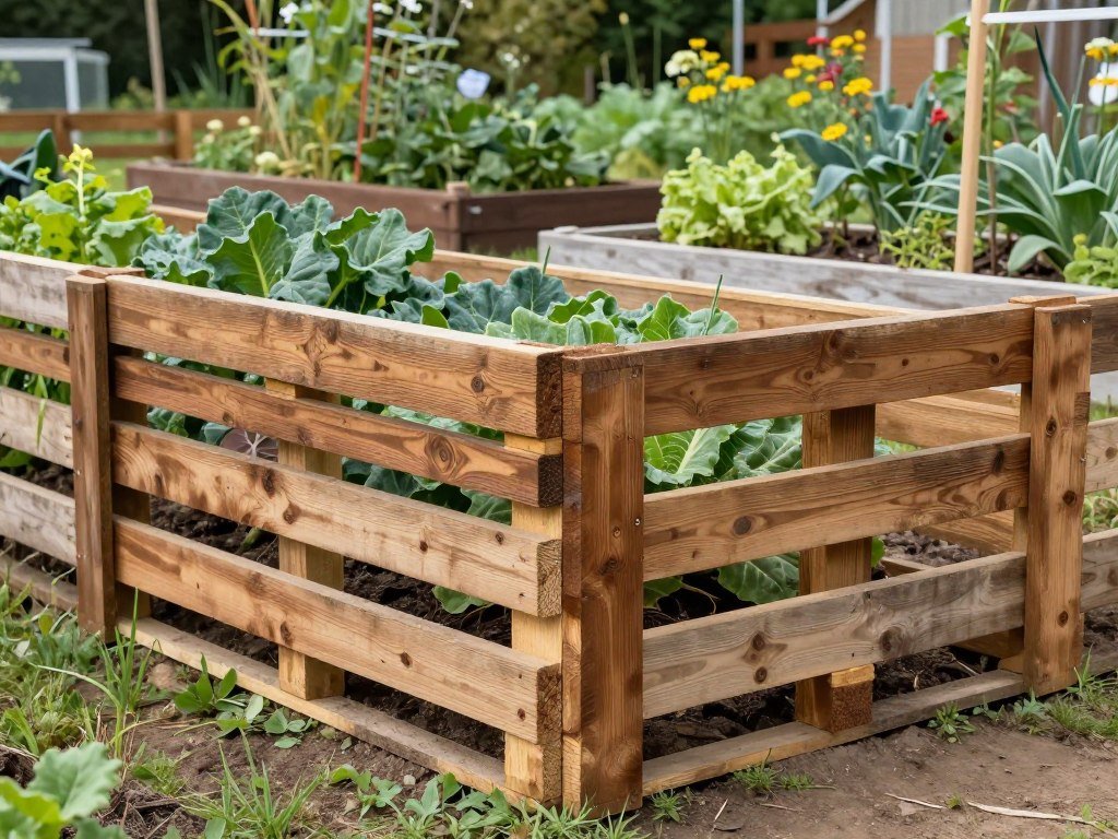 DIY pallet fence with rustic finish surrounding vegetable garden