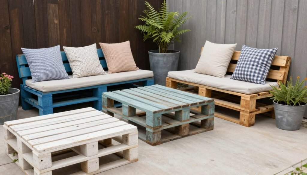 DIY pallet furniture on a small patio with handmade accessories