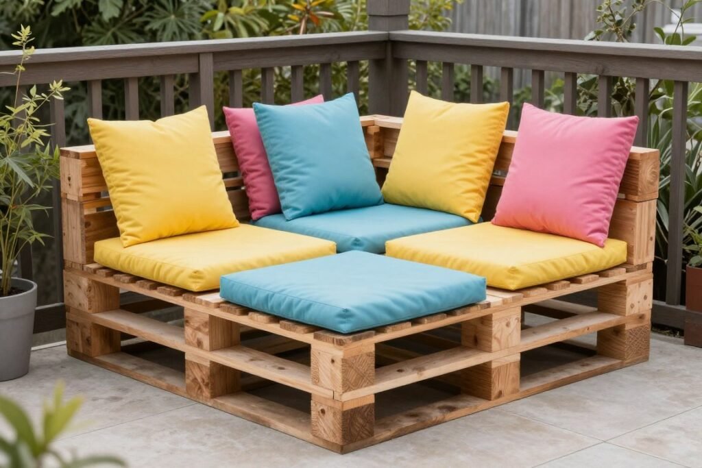 DIY pallet furniture with colorful cushions on a small back patio DIY pallet furniture with colorful cushions on a small back patio