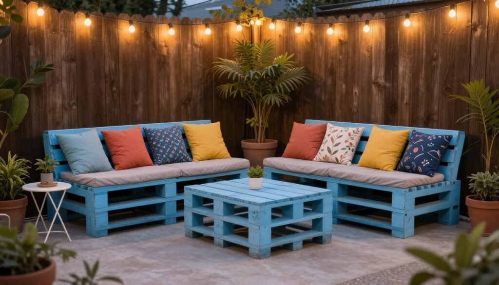 DIY pallet sectional sofa with colorful cushions on a small patio with string lights overhead